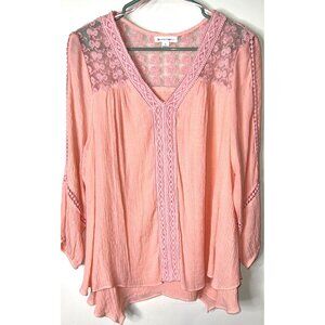 John Paul Richard Pink Lace Peasant Blouse Large 3/4 Elastic Sleeve (19in)